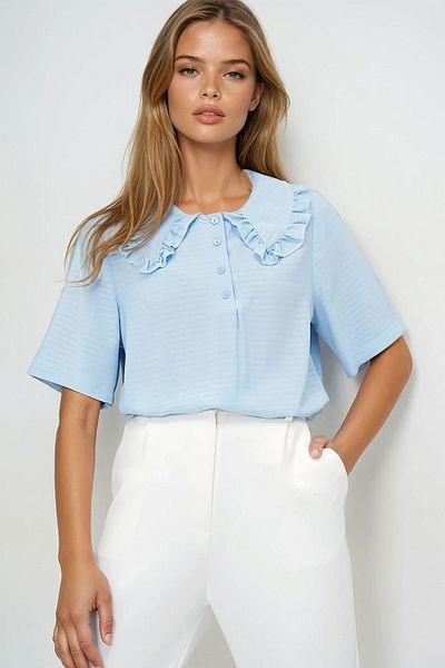 VAGGON Γυναικεία Baby Blue με μισό πατιλέτα με βολάν, καλοκαιρινή υφασμένη μπλούζα Prmx14098