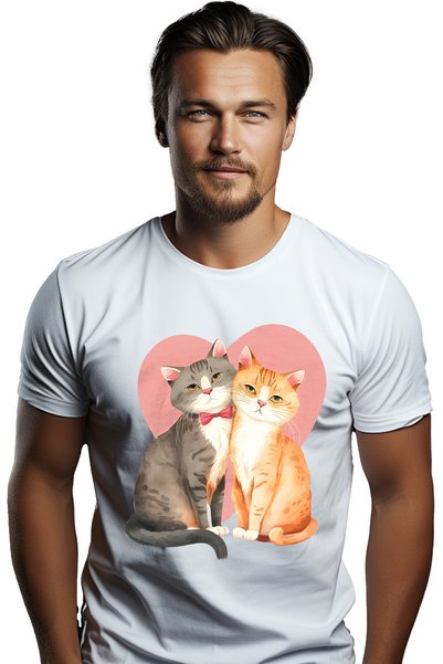 StoryGift Romania Tricou Barbati Cu 2 Pisici Apropiate Cu Inima Pe Fundal, Il...