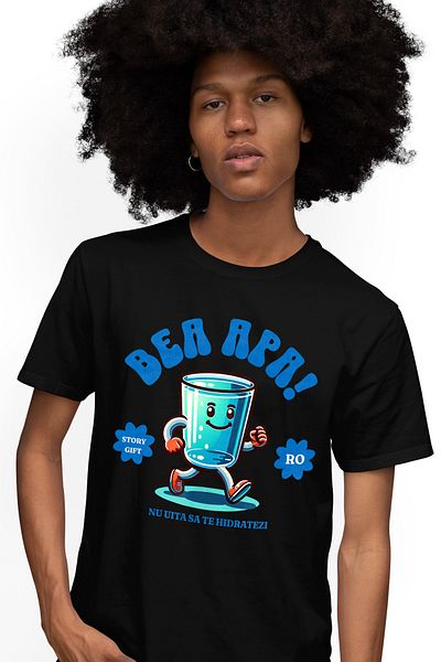 StoryGift Romania Tricou Barbati Bea Apa - Nu Uita Sa Te Hidratezi Cu Imprimeu Pe Fata, 100% Bumbac, Negru, Stg