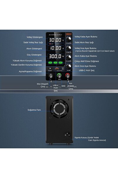 SMARTGIFT 0-30v/10a Ayarlanabilir Dc Güç Kaynağı Voltaj Regülatörü SÜPER Model SİYAH
