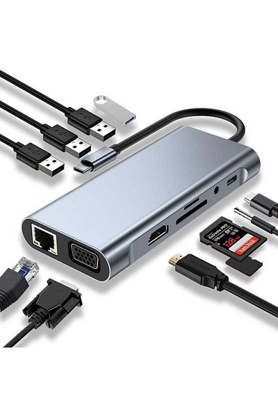 Velixo Hub USB-C 11 în 1, 2xHDMI 4K, USB-A 3.1, USB-C, RJ45, SD/TF, 87W PD, Dock pentru Laptop/MacBook, Gri