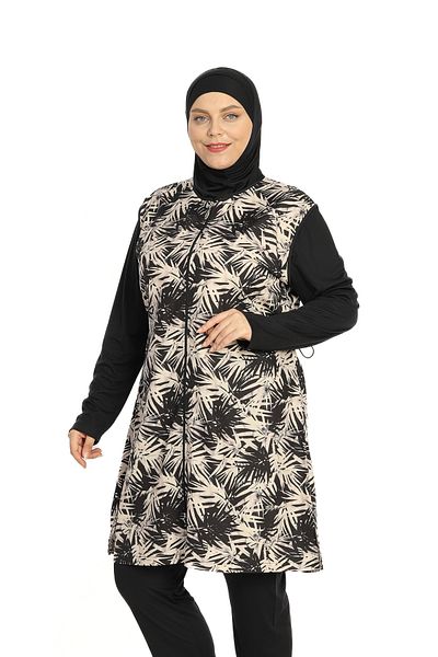 İYİBU Set de costume de baie Hijab Seamay Plus Size 4 piese cu model de frunze negru bej – Lycra, rezistent la clor