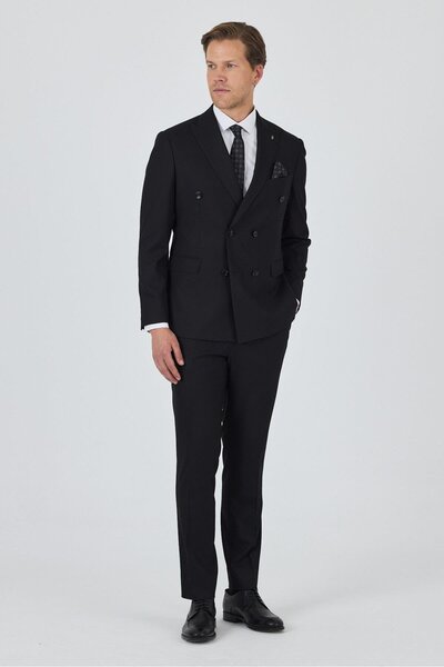 İmza Siyah Kılıç Yaka Düz Kruvaze Classic Esnek Slim Fit Takım Elbise 1001250172