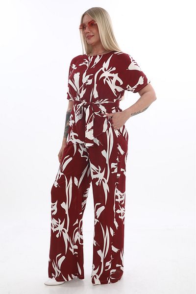etselements White Patterned Crew Neck Belted % Cotton Blouse Pants Suit 4050 Burgundy Color