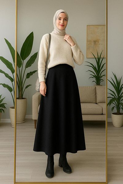 lumuteks Γυναικεία Μαύρη Scuba Puff Υφασμάτινη Μανίκια Hijab και Casual Φούστα