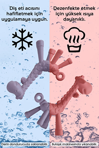 Meleni Baby 3'lü Silikon Diş Kaşıyıcı Set - Kaktüs Zürafa Figürlü Diş Kaşıyıcı Bebek Diş Kaşıma Emziği Pembe