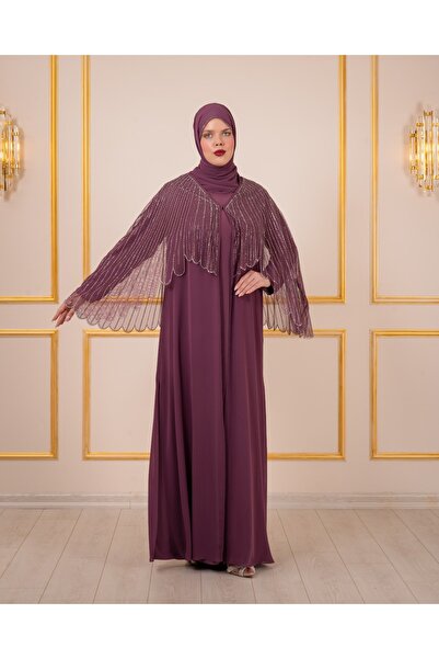 Balerina Likralı İç Elbise Üzerine Taş İşlemeli Büyük Beden Şifon Abiye Kaftan