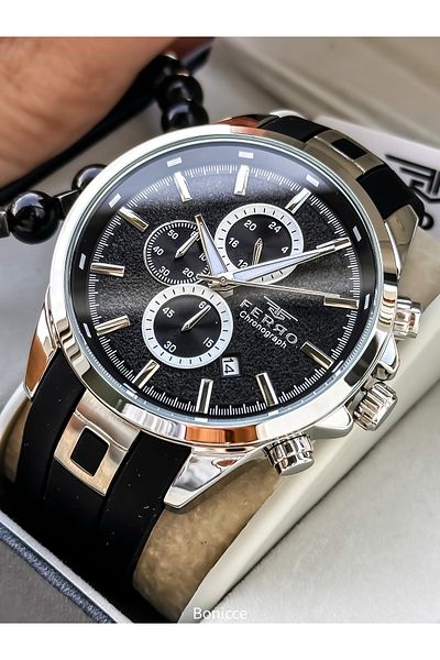 FERRO Sport Men's Watch, Active Functions, Black Silicone, with Calendar, Bracelet Gift