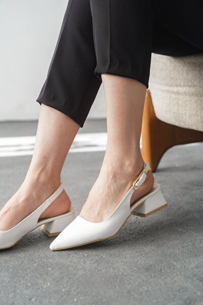 MODAADAM Pantofi cu toc joasă cu cataramă Mely de damă - piele albă