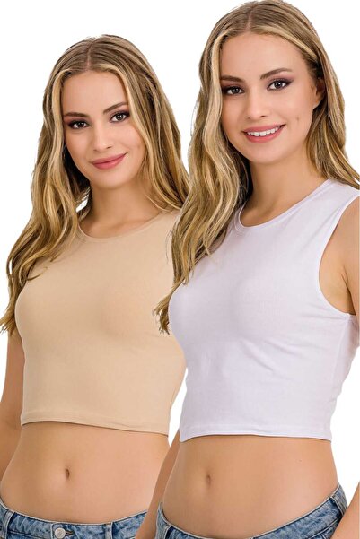 Fanilam İlke Women's Elastane Sleeveless Crop - Cotton Stylish and Comfortable Half Undershirt Body 2 Pcs