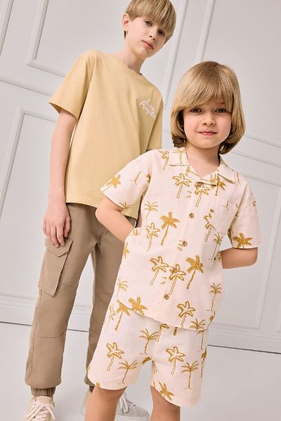 DeFacto Baby Boy 2Pcs Set Tropical Print Flared Poplin Short Sleeve Shirt Elastic Waist Shorts E8153A525S