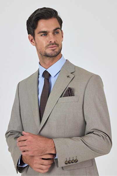 İmza Koyu Bej Mono Yaka Astarlı Çift Yırtmaç Esnek 4 Drop Comfort Fit Classic Takım Elbise 1001250160