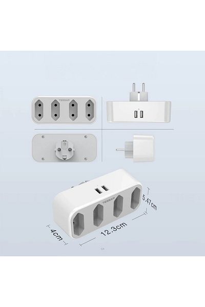 TESSAN European Wall Socket, With 4 Flat Sockets And 2 Usb Ports, Abs, White, 12.3 X 5.5 X 7.8 Cm