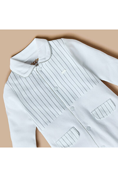 giggles Striped Closed Feet Sleepsuit with Collar and Long Sleeves