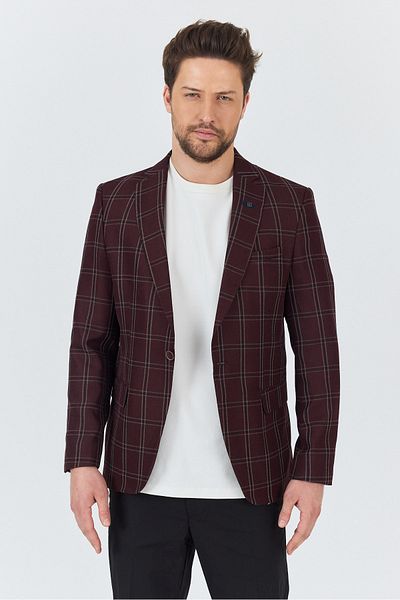 Frappoli Sarmue Men's Burgundy Plaid Checked Polyester Fabric Slim Fit Slim Fit Sports Blazer Jacket