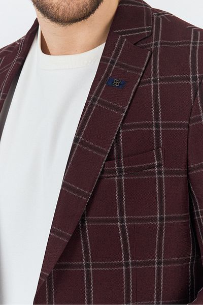 Frappoli Sarmue Men's Burgundy Plaid Checked Polyester Fabric Slim Fit Slim Fit Sports Blazer Jacket