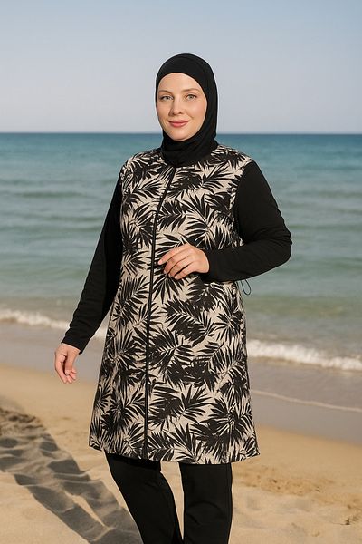 İYİBU Set de costume de baie Hijab Seamay Plus Size 4 piese cu model de frunze negru bej – Lycra, rezistent la clor