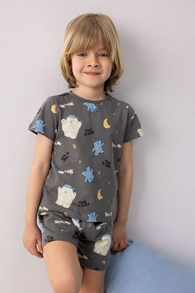 DeFacto Baby-Pyjama-Set für Jungen – gemustertes, kurzärmliges, gekämmtes Baumwoll-Oberteil mit elastischen Shorts an der Taille E1180A525HS