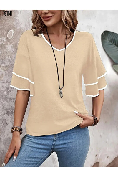 Modayakamoz Kadın Kısa Kollu Viskon Bluz V Yakalı Minimal Çizgiler