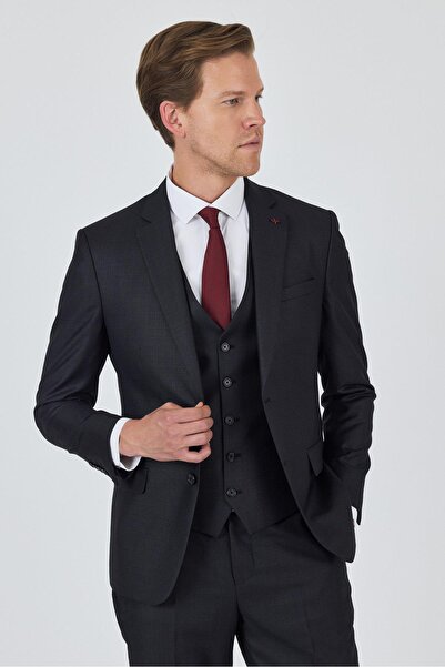 İmza Erkek Düz Filafil Mono Yaka Yelekli 6 Drop Slim Fit Takım Elbise 1001250171