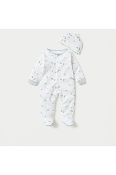 Juniors All-Over Elephant Print Footed Sleepsuit and Beanie Cap