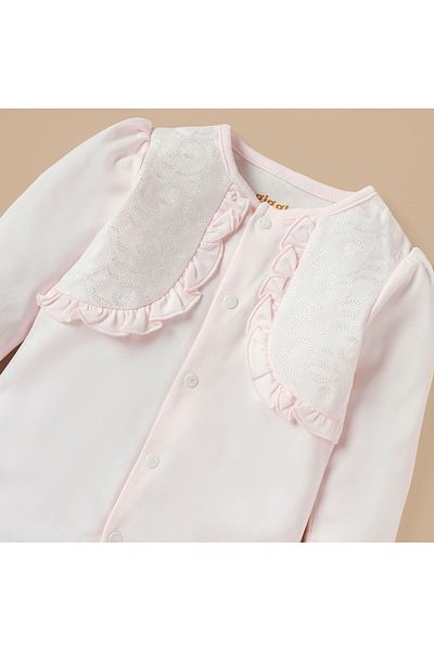 giggles Embroidered Closed Foot Sleepsuit with Ruffle Detail and Long Sleeves