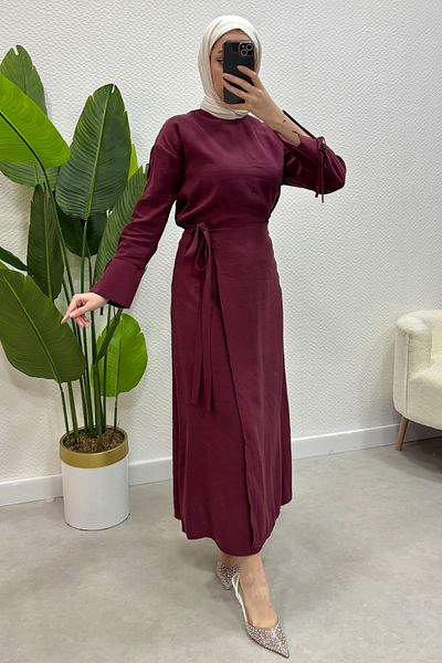 Tesettür Diyarı Women's Hijab Clothing Side Tie Detailed Skirt Shirt Set - Claret Red