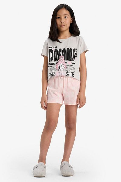 DeFacto Mädchen-Pyjama-Set, bedrucktes Kurzarm-Oberteil, gemusterte Shorts E0545a825hs