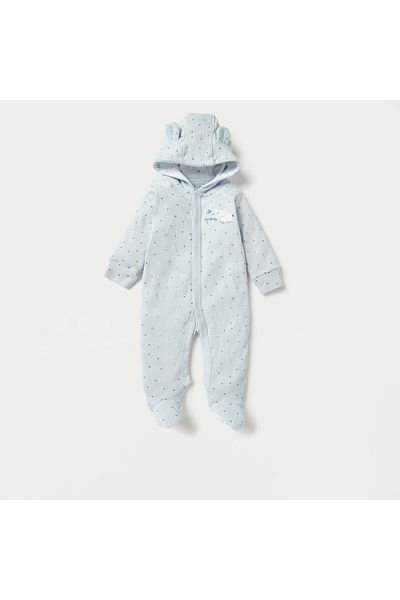 Juniors All-Over Star Print Hooded Sleepsuit with Long Sleeves and Ear Applique