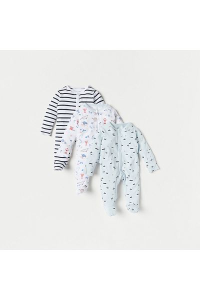 Juniors Printed Long Sleeves Sleepsuit with Snap Button Closure - Set of 3