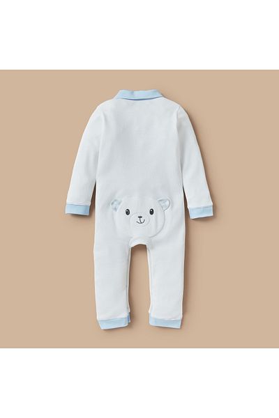 giggles Bear Applique Sleepsuit with Long Sleeves and Button Closure