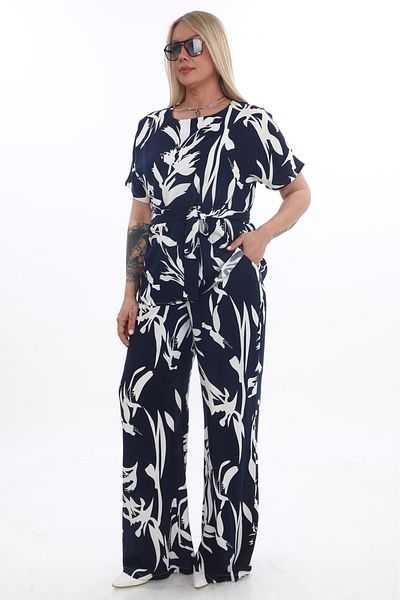 etselements White Patterned Crew Neck Belted % Cotton Blouse Trouser Suit 4050 Navy Blue