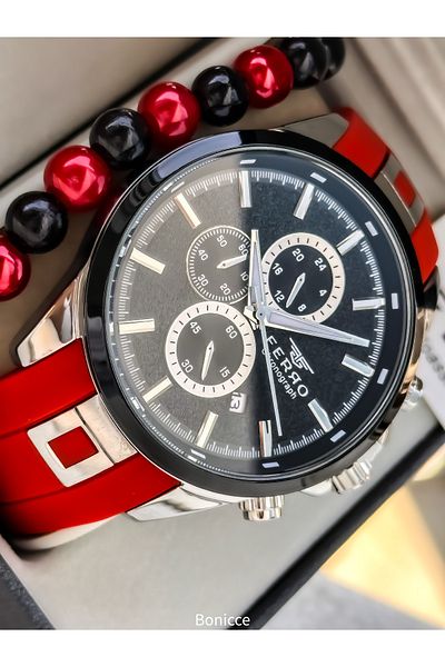 FERRO Sports Men's Watch, Active Functions, Red Silicone, with Calendar, Bracelet Gift