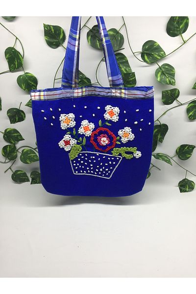 borandtm Geantă de umăr din pânză albastră cu broderie florală