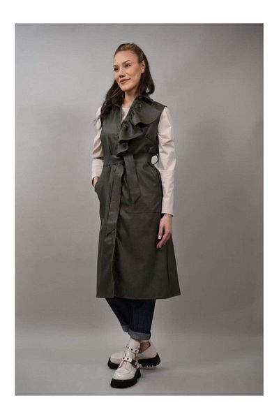 FASHIONLAND Cielo Leather-effect Long Vest One-Way Khaki