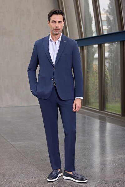 İmza بدلة كلاسيكية ذات ياقة سيف باللون الأزرق الداكن قابلة للتمدد 6 قطرات 100...