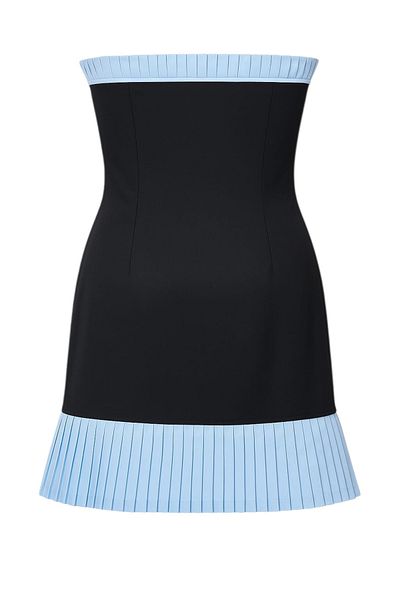 FLAST Women's Black Strapless Buttoned Pleat Detailed Organic Cotton Fabric Stella Trend Mini Dress