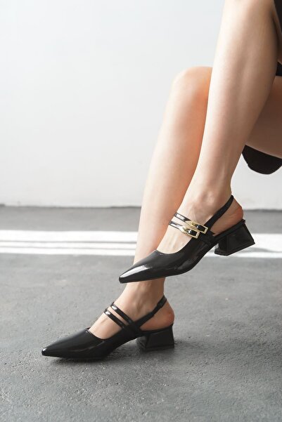 MODAADAM Kadın Gray Tokalı Kısa Topuk Ayakkabı - siyah-rugan