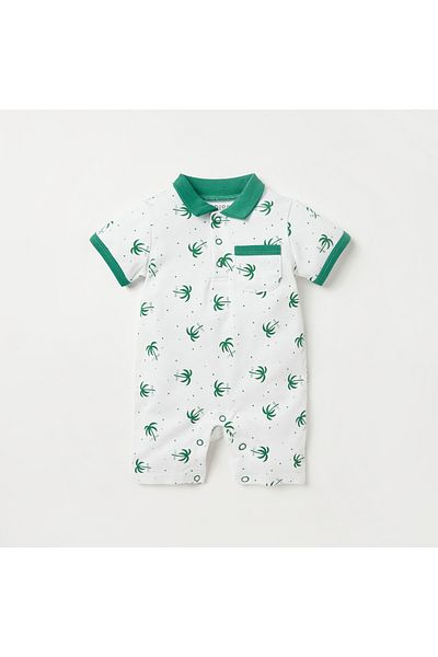 Juniors KSA National Day All-Over Print Romper with Collar and Short Sleeves