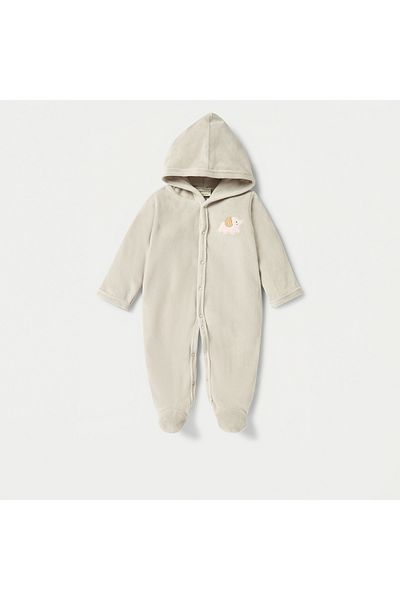 Juniors Elephant Applique Closed Feet Velour Sleepsuit with Hood and Button Closure