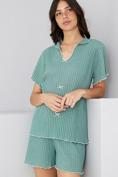 Siyah İnci Mint Green Seasonal Thin Bow Shorts Suit7880