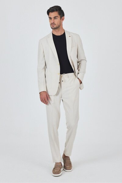 İmza Beige Mono Collar Striped 6 Drop Slim Fit Stretch Suit 1001250117