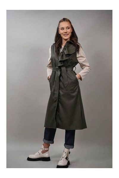 FASHIONLAND Cielo Leather-effect Long Vest One-Way Khaki