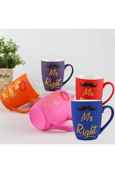 PUFO Cană ceramică mată Mr Right, pentru cafea sau ceai, 360 ml, albastră