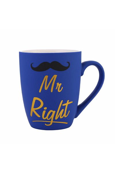 PUFO Cană ceramică mată Mr Right, pentru cafea sau ceai, 360 ml, albastră