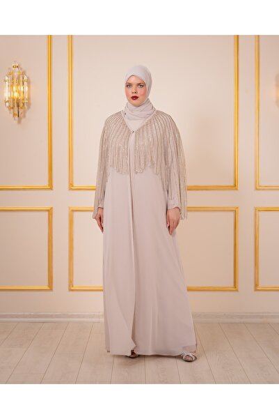 Balerina Likralı İç Elbise Üzerine Taş İşlemeli Büyük Beden Şifon Abiye Kaftan
