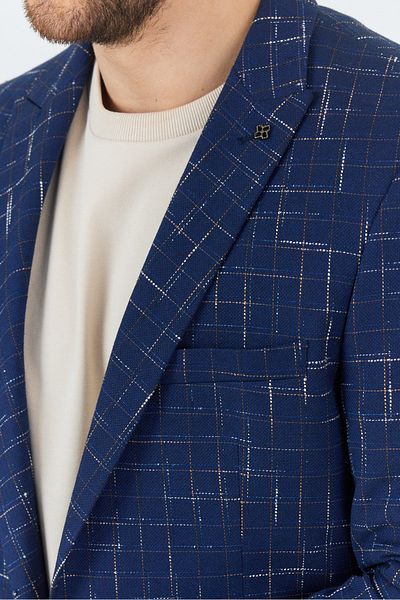 Frappoli Modero Men's Navy Blue-Mustard Plaid Checked Polyester Fabric Slim Fit Slim Fit Sports Blazer Jacket