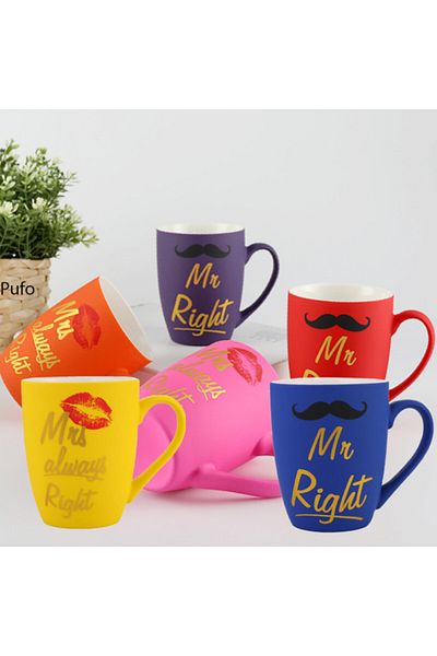 PUFO Cană ceramică mată Mrs Right, pentru cafea sau ceai, 360 ml, galbenă
