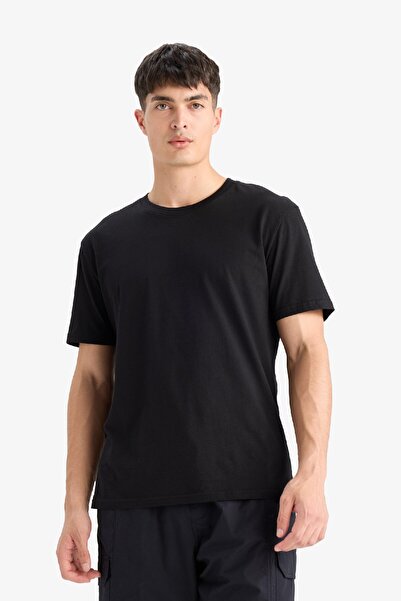 DeFacto 100% bavlna Nové tričko Regular Fit Crew Neck Basic Plain Krátký rukáv Černé tričko V7699az25sp