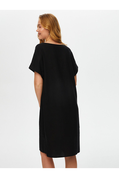 Faik Sönmez Kadın Yaprak Nakış Detaylı File Garnili Keten Karışımlı Elbise